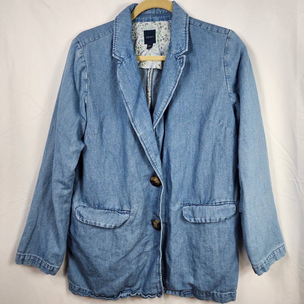 J‎ Jill Denim Womens Linen Blend Blazer Jacket Small Blue Chambray Lightweight